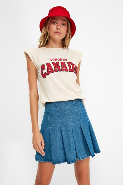 

women's t-shirt trendyol printed shoulder pads basic knitted twoss21ts3868, White