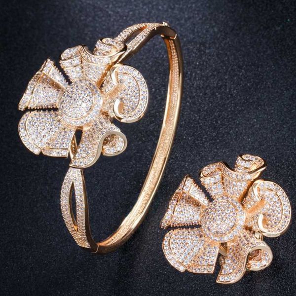 

earrings & necklace arrival flower women rings full cubic ziron bracelet bangle female jewelry set for gift, Silver