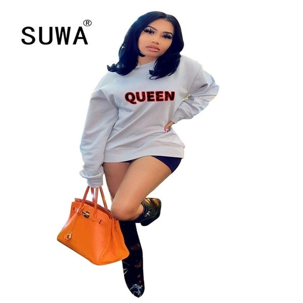 

queen letter print vintage casual pullover sweatshirt product bf style long sleeve loose t-shirt cool girl street 210525, Black