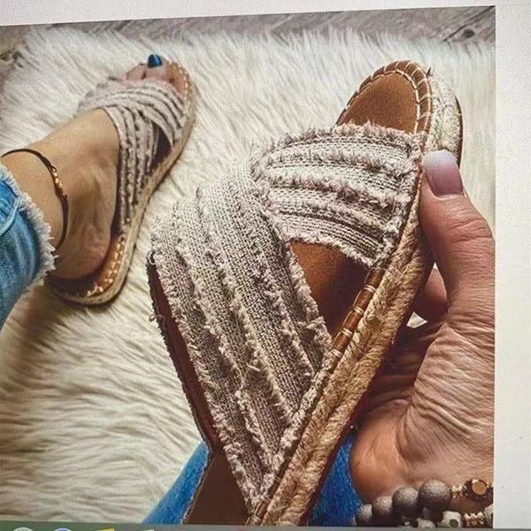 

slippers female shoes flat big size low slides 2021 denim summer hoof heels fabric tpr sewing pu fisherman cotton d, Black