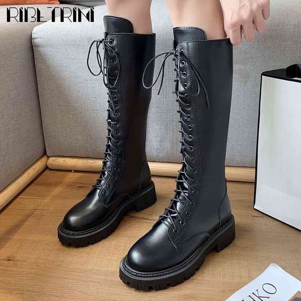 

boots brand female lace up solid platform mid calf shoes women round toe design cool fashion winter boots, Black