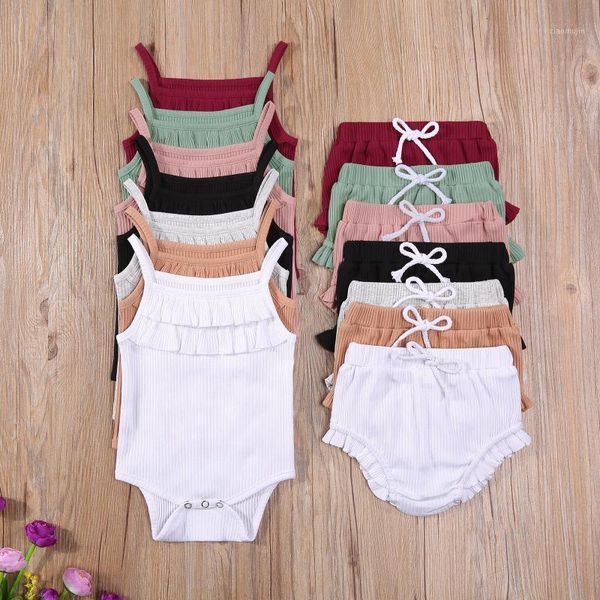 

summer solid color casual set baby girl clothing sleeveless square collar sling bodysuit drawstring short pants sets, White