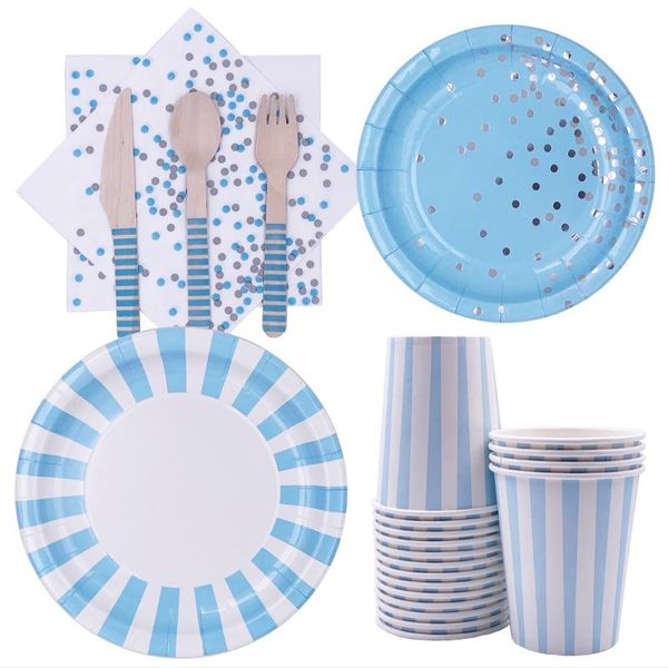 Stoviglie usa e getta a strisce di alta qualità Piatti blu Tazza Decorazioni per feste di buon compleanno Kids Boy 1st Baby Shower Stoviglie