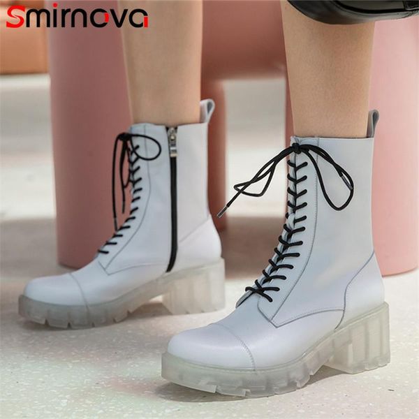 

boots smirnova 2021 women ankle genuine leather shoes lace up autumn winter transparent heel platform woman, Black