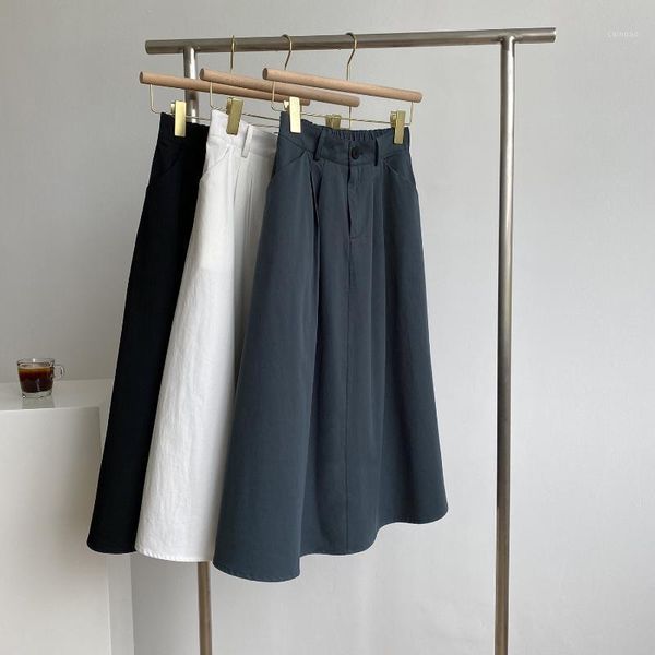 

skirts yeeloca casual versatile skirt female summer solid mid-calf slim saias high waist korean a-line, Black
