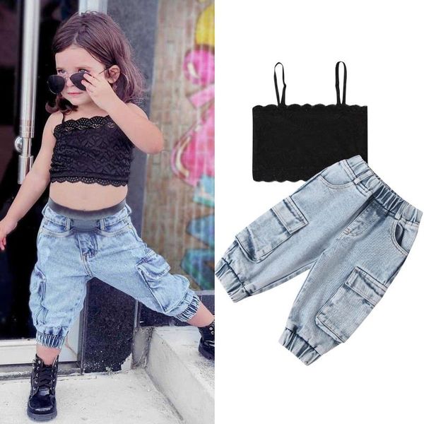 

toddler kids baby girls clothes sets 2021 fashion soild strapless lace suspenders blue jeans pants outfits for set clothing, White