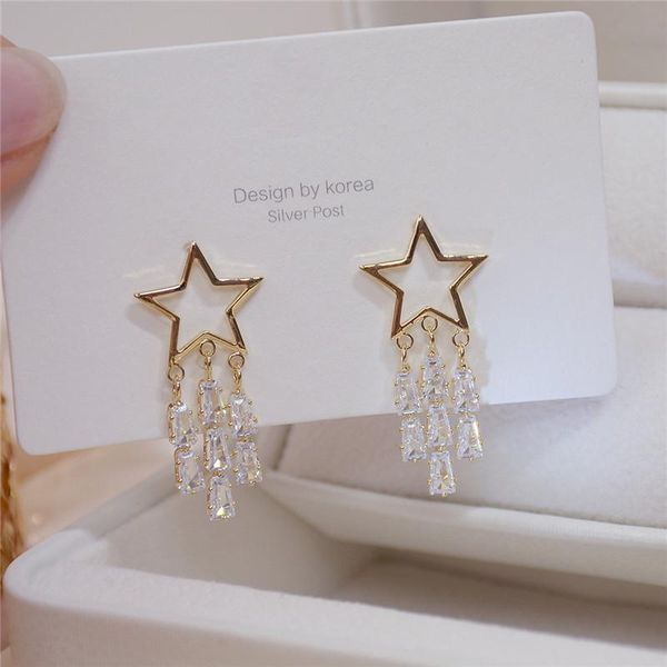 

ins luxury 14k real gold five-pointed star tassel exquisitestud earrings for women cubic zircon zc fashion stud, Golden;silver