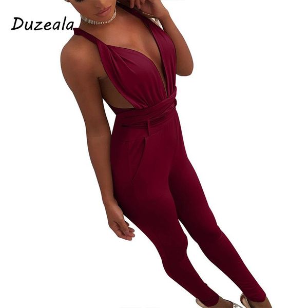 

women's jumpsuits & rompers duzeala deep v neck backless jumpsuit women sleeveless cross bandage bodycon bodysuit casual party summer o, Black;white