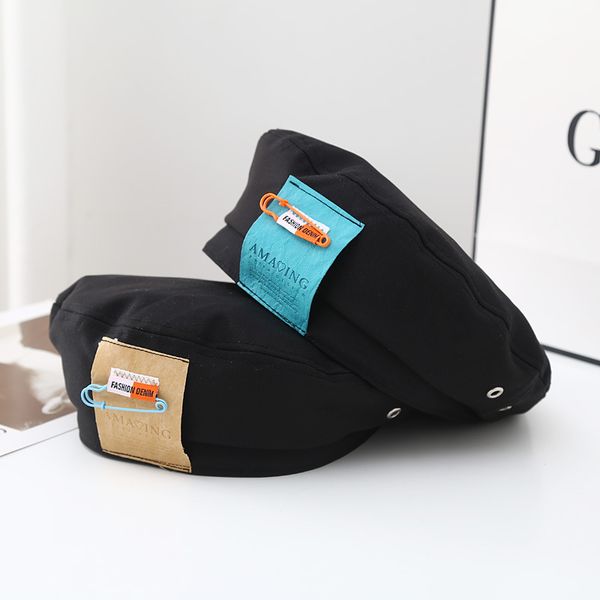 

beanie/skull cap original design pin niche japanese style letter sticker cloth label beret female online influencer british concave shape pa, Blue;gray