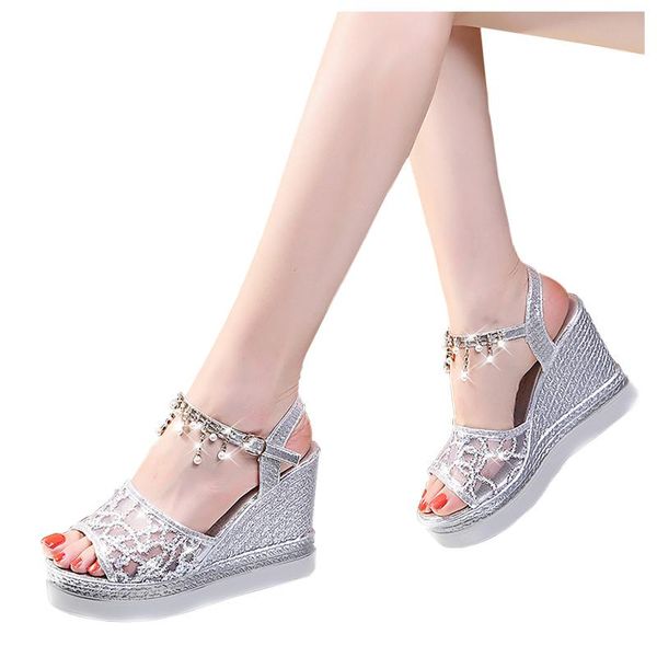 

mesh crystal high heels sandals women 2021 wedges shoes platform summer thick bottom woman sandalias mujer, Black