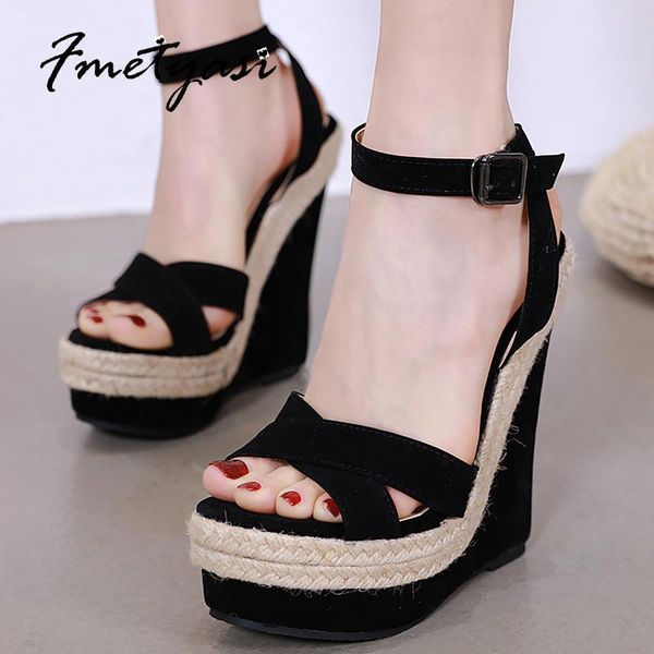 

dress shoes summer sandals women high heels weave wedges pumps round open toe front and rear strap street style woman comfortable, Black