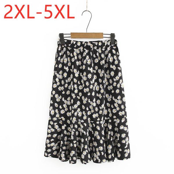 

skirts 2021 ladies summer plus size midi skirt for women large loose cotton floral print flower pleated 2xl 3xl 4xl 5xl, Black