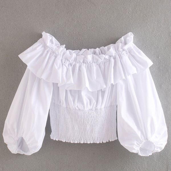 

dresses summer women's one-line blouses with puffed sleeves crisp shrinked poplin white female girl short waist shirt, Black;gray