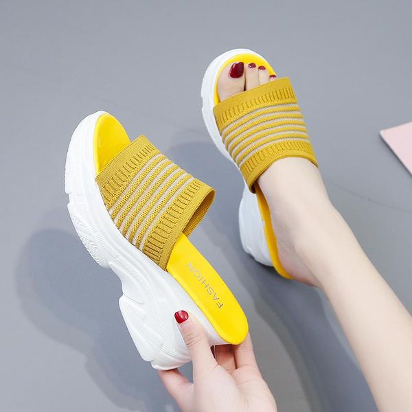 

slippers knit wedge platform women breathable open toe slides summer shoes beach thick sole sandals 2021, Black