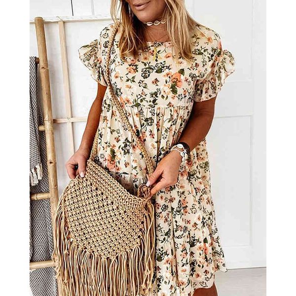 

casual dresses floral print summer women bohemian beach short sleeve ruffles female a-line mini for robe jige, Black;gray