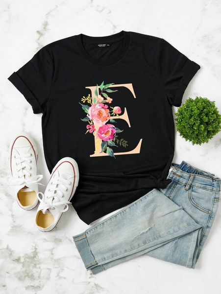 

plus letter & floral print tee o9kw#, Black