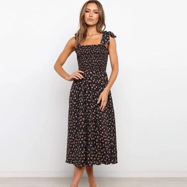 

halter dress summer elegant women slim mid long dresses printed floral casual boho style beach 2021 sundress, Black;gray