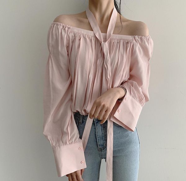 

blouses arrival ladies shirt off shoulder long sleeve solid slash collar loose blouse women fashion, White