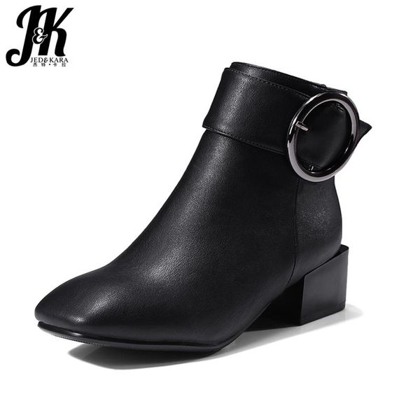 

boots j&k 2021 plus size 32-42 arrive square heels ankle women buckle strap toe winter female footwear zipper, Black