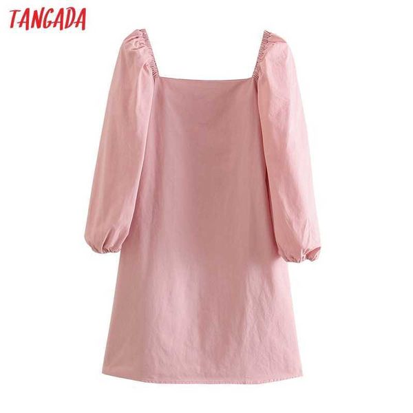 Tangada Mulheres Rosa Vestido Buff Manga Off Should Back Zipper Ladies Mini Vestido Vestidos JE96 210609