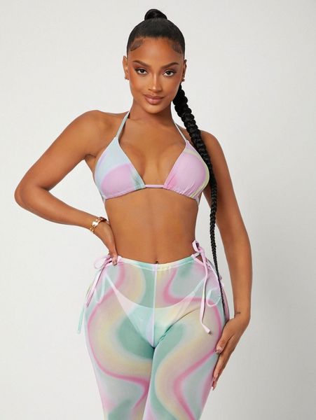 

multiple 3pack allover print micro triangle bikini swimsuit & cover up pants 221b#, White;black