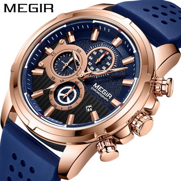 

wristwatches megir 2101 men casual silicone quartz watches fashion multifunction chronograph sports wristwatch mens, Slivery;brown