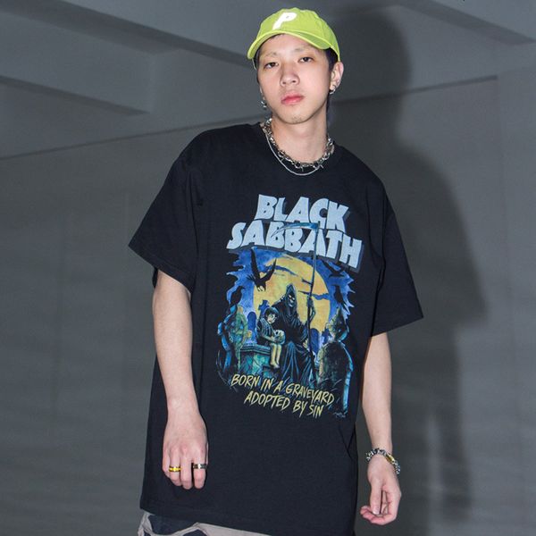

men's t-shirts skull demon short-sleeved t-shirt men's european and american hip-hop retro rock style loose round neck half sleeve, White;black