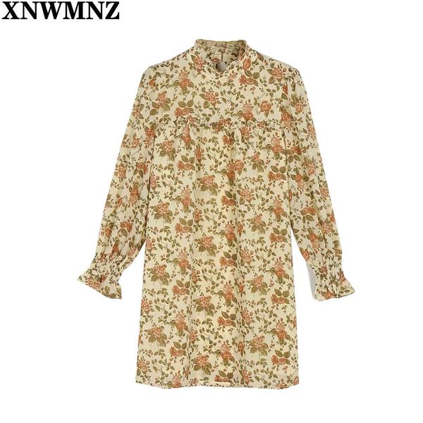 XNWMN Laranja Vestidos Chic Turtleneck Mini Vestidos Flare Manga Longa Mulheres Vestido Vintage Floral Impressão Vestidos de Verão 210510