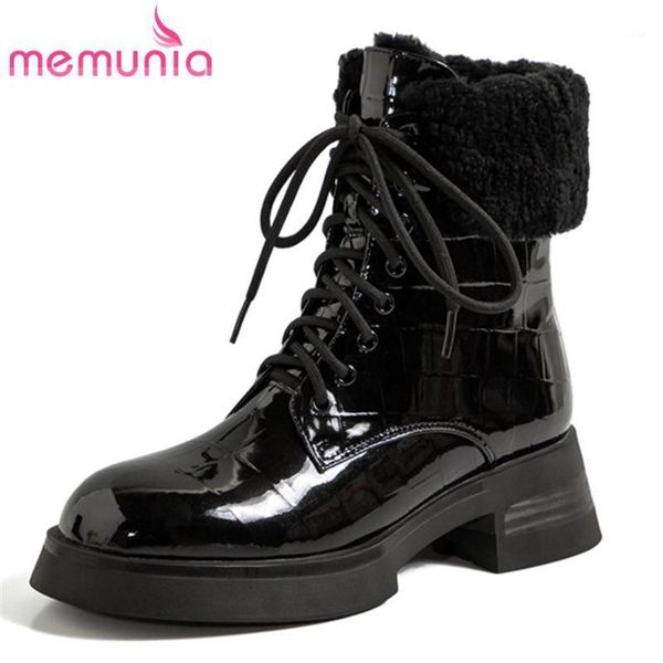 

boots memunia 2021 genuine leather shoes women ankle warm low heel winter snow black1, Black