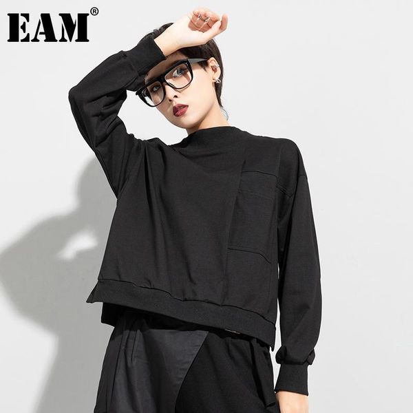 

women's t-shirt [eam] women vent asymmetrical pockets black half high collar long sleeve fashion tide spring autumn 2021 1dd3813, White