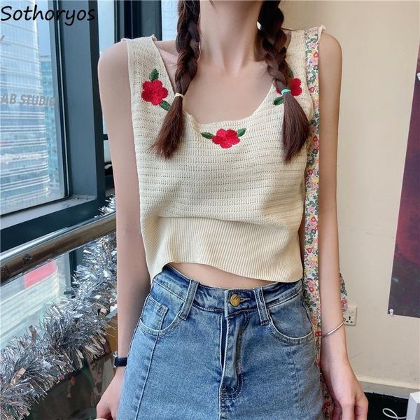 

tanks women camis short style sweet floral students all-match vintage outwear basic korean knitting u-neck harajuku embroidery women's, White