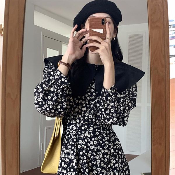 

casual dresses korean chic autumn retro large lapel contrast floral bandage waist over knee long bubble sleeve dress women, Black;gray