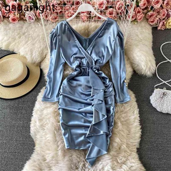 

long sleeve women solid bodycon dress slim fashion office lady chic korean robe spring autumn vestidos ruffle 210601, Black;gray