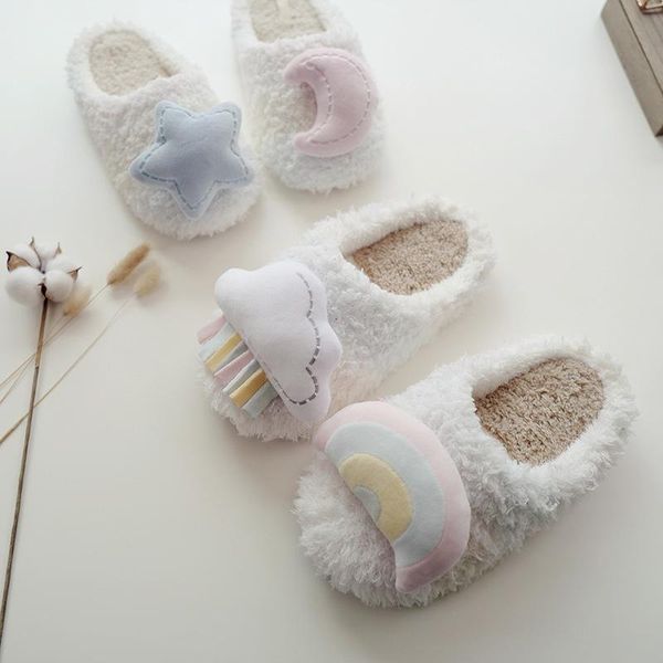 

slippers moon winter three-dimensional star women plush home keep warm cotton slides cute rainbow cloud soft furry indoor shoes, Black