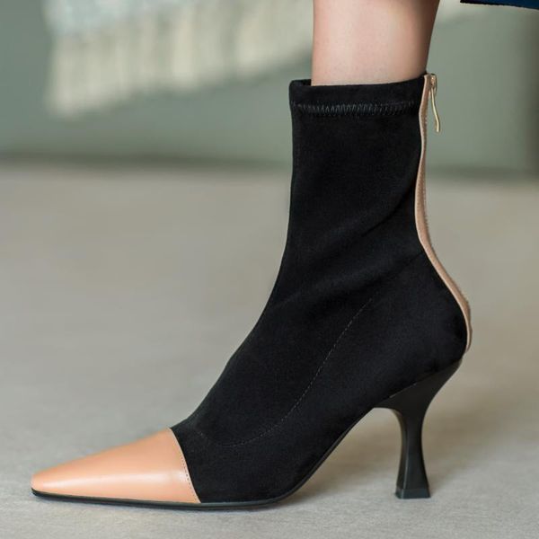 

dress shoes 2021 spring and autumn color matching leather short boots women's fashion all-match pointed toe stiletto x330, Black