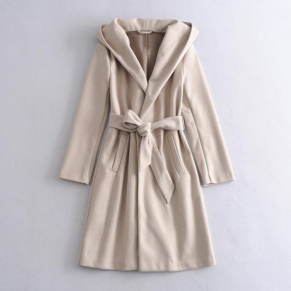 

winter women elegant solid woolen coat 2021 long thicken warm hooded jacket with belt blazer 2 pocket female cold outwear women's wool, Black