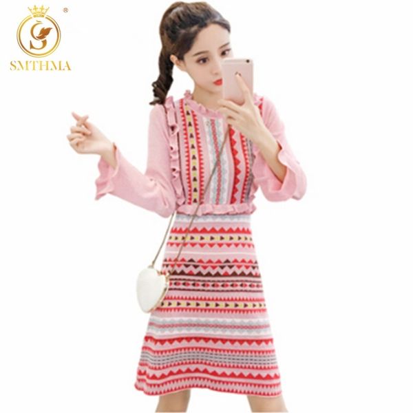 

fashion summer stylish runway dress women's striped knitting flare sleeve rainbow sweater 210520, Black;gray
