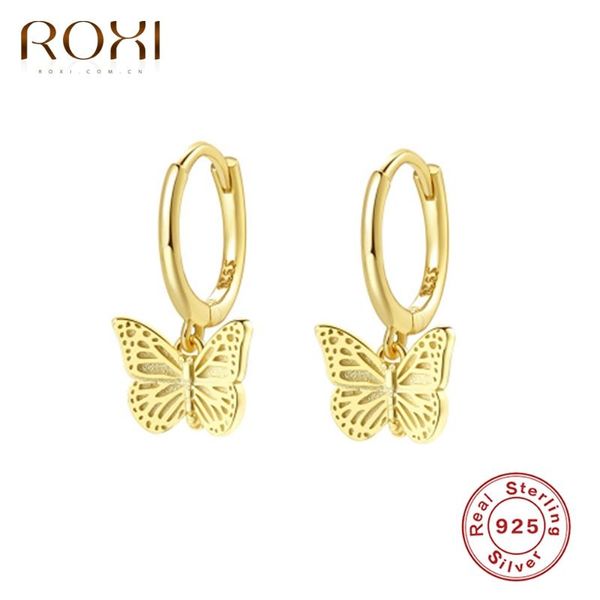 

hoop & huggie roxi glossy hollow butterfly earrings for women elegant jewelry 925 sterling silver pendientes plata, Golden;silver
