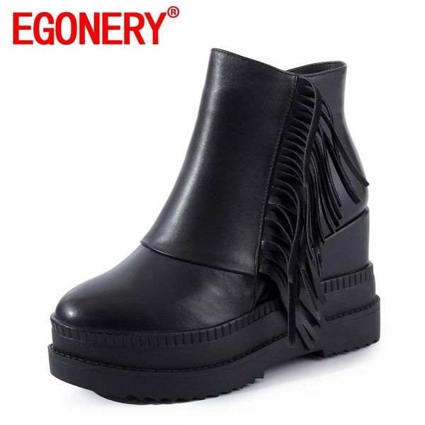 

boots egonery women winter leisure fashion ankle round toe solid color fringe decoration concise comfortable genuine leather, Black