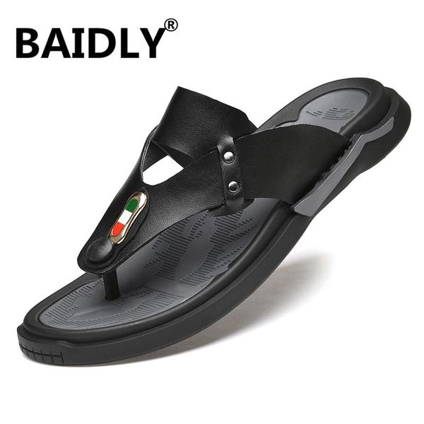 

leather men flip flops soft comfortable split slippers beach slipper flop summer sandals shoe for, Black