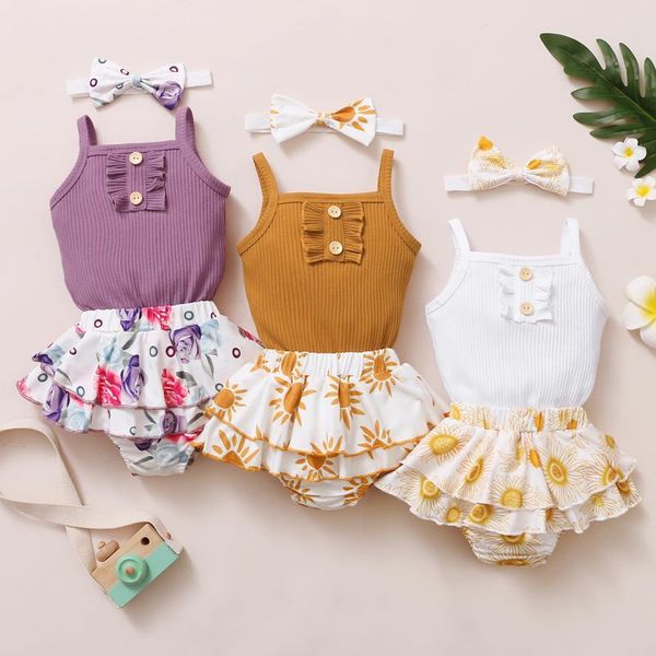

infant baby romper girls ruffles suspender bodysuit floral shorts outfits vest kids jumpsuit roupa infantil menina clothing sets, White