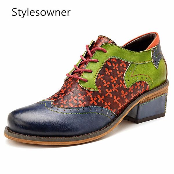 

stylesowner vintage oxford pumps women shoes mixed-color genuine leather lace up retro casual brogue block heels dress, Black