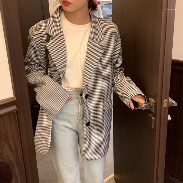 

women's suits & blazers 2021 autumn winter plaid buttons pockets jackets checkered vintage oversize lady wild, White;black