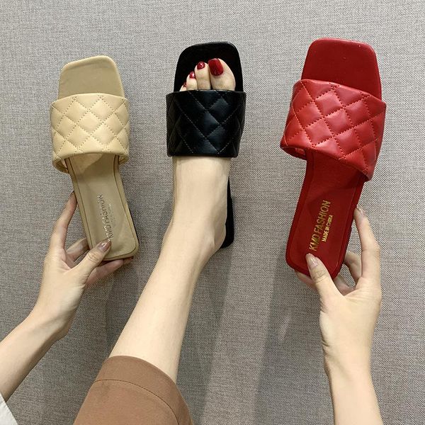 

summer sandals women slippers fashion square toe weave leather slides flat sandal casual outside flip flops beach shoes, Black