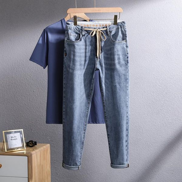 

men's jeans spring autumn clothing man scratched wear slim trousers cotton stretchy vintage denim men ankle pants oversize 42 44 46 48, Blue