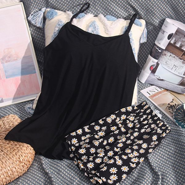 

women's sleepwear modal pajamas set women chest pad sling shirt shorts pyjama print flower summer female kpacotakowka jeat, Black;red