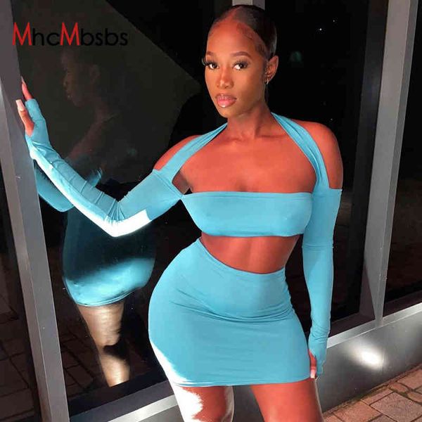 

two piece dress women 2 sets outfits long sleeve hollow out halter green bandage crop club celebrity party mini dresses, White