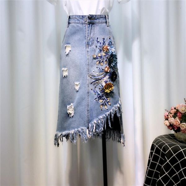 

summer 3d flowers 2 womens tracksuits pieces suits white cotton and tassel denim skirt embroidery sequined set, Gray
