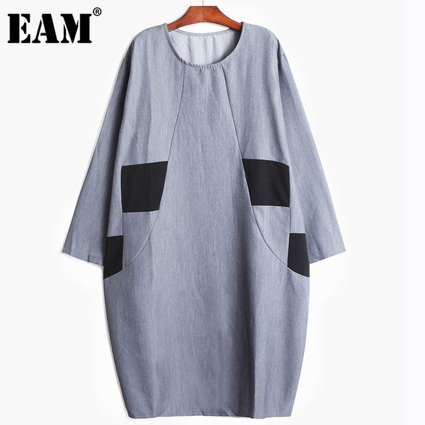 

[eam] women black big size contrast color spliced dress round neck long sleeve loose fit fashion spring autumn 1dd8252 21512, Black;gray