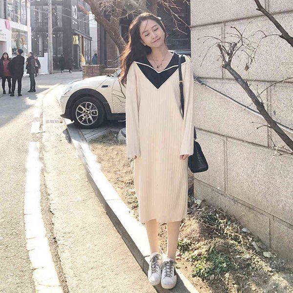 

casual dresses 2022 autumn winter women's lapel v-neck academic knit skirt bottomed long sweater dresses, Black;gray